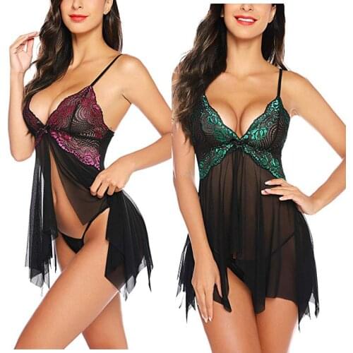 Womens Lace Nightgown Women Sleepwear Pyjamas Babydoll Nightwear Sexy Lingerie See-through Bathrobe Nightdress Home Clothes