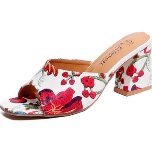 2021 Summer Women Sandals Woman High Heel Pumps Female Flowers pattern Leather Lace Up Short Vanny Factory Store