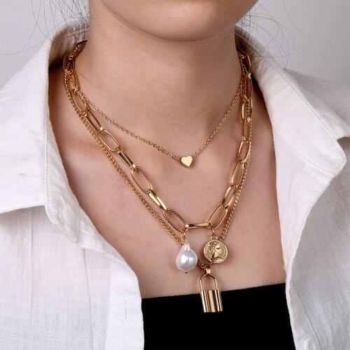 FAMSHIN Vintage Heart Peach Necklace Irregular Pearl Chains Necklace 2020 Geometric Aangel Head Necklace For Women Punk Jewelry