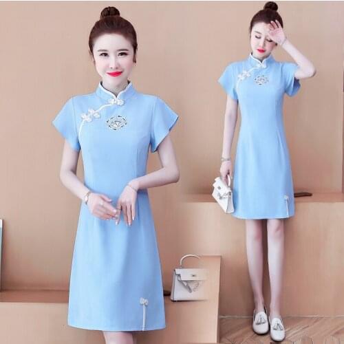 Women blue embroidery cheongsam dress Elegant Vintage plus size M-4XL XXXL 3XL XXXXL party Cocktail Chinese cute dresses clothes