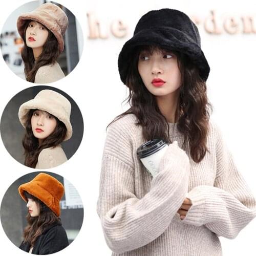 Faux Fur Winter Bucket Hat For Women Girl Fashion Solid Thickened Soft Warm Fishing Cap Outdoor Lady Plush Fluffy Panama Caps