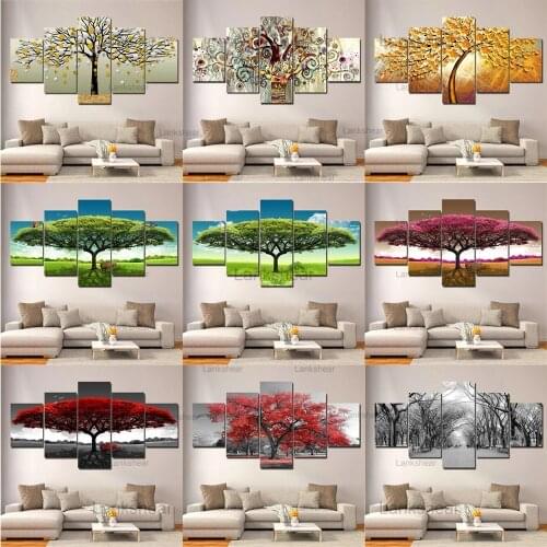 5 Panels Abstract Red Tree Flowers Oil Paintings Wall Art Print Pictures Posters Landscape No Frame Living Room Bedroom Decor
