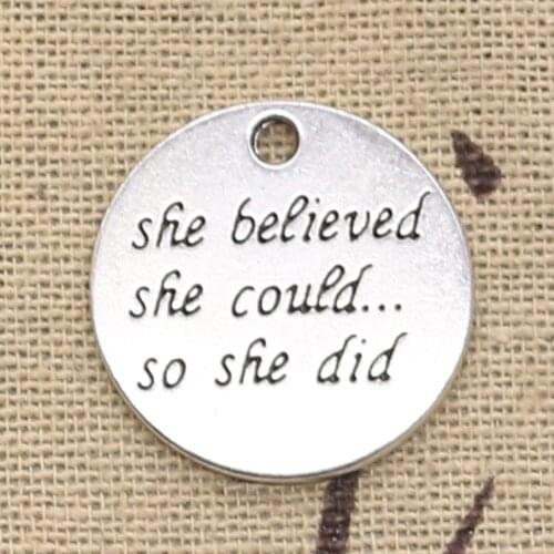 6pcs Charms Plates She Believed She Could So She Did 22x22mm Antique Silver Color Pendants Making DIY Handmade Tibetan Finding