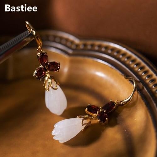 Bastiee 925 Sterling Silver Earrings For Women Ethnic Drop Dangle Earings Fashion Jewelry Gold Plated Jade Garnet