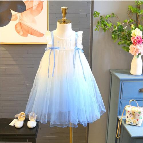 Summer New Mesh Girls Dresses Bow Tassels Gradient Blue Long Dresses Baby Kids Elegant Evening Dress 2021 Toddler Birthday Dress