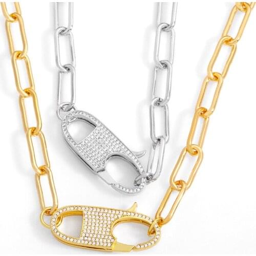 EYIKA Hiphop Geometric Lobster Clasp Connector Pendant Necklace Gold Silver Curb Link Chain for Women Zircon Choker Jewelry Gift