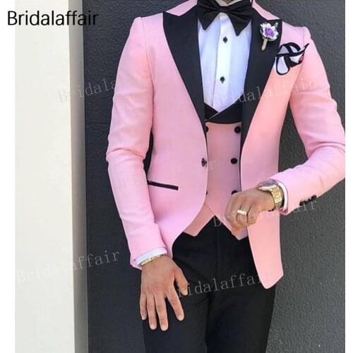 Bridalaffair Tailored Made Pink Fashion Men Suits for Wedding Prom Slim Fit Groom Tuxedos Jacket Pants Vest 3 Pieces Suit 2018