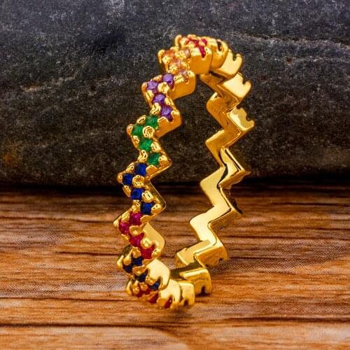 Delicate Fashionable Gold Color Copper CZ Jewelry Rainbow Ring Cubic Zirconia Shiny Rhinestone For Women Party And Wedding Gift