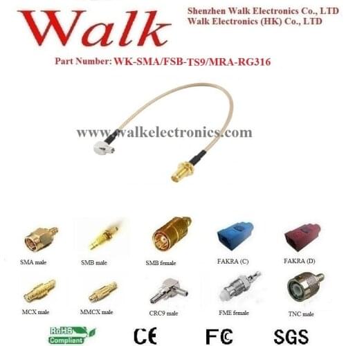 Antenna interface cable, TS9 cable adapter: sma female straight to TS9 male right angle with RG316 cable