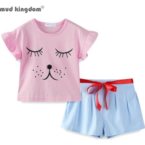 Mudkingdom Summer Girls Clothes Set Funny Closed Eye Puppy Girl Short Sets Cartoon Dog Clothes Suit for Girls Ruffle Sleeve Cute