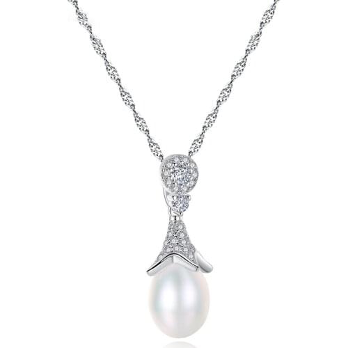 MetJakt S925 Sterling Silver 3A Zircon 9-9.5mm Freshwater Pearl Fashion Simple Womens Necklace