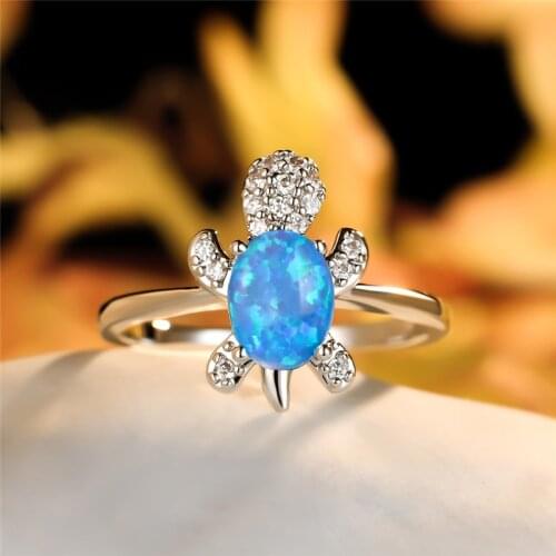Cute Female Small Turtle Ring Dainty Blue Opal Oval Stone Ring Charm Fashion Silver Color Animal Rings For Women Wedding Jewelry