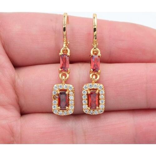 Gold Color Women Fashion Red Zirconia CZ Geometric Rectangle Blocks Earrings Jewelry