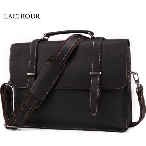 Men Crazy Horse Leather Shoulder Bag Male Genuine Leather Handbags 14 Inch Laptop Messenger Bag Mens Vintage Office Travel Bag