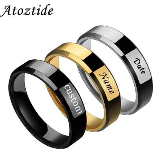 Atoztide Personalized Customized Engraved Name Couple Rings Stainless Steel Women Men Wedding Band For Lovers Engagement Gift