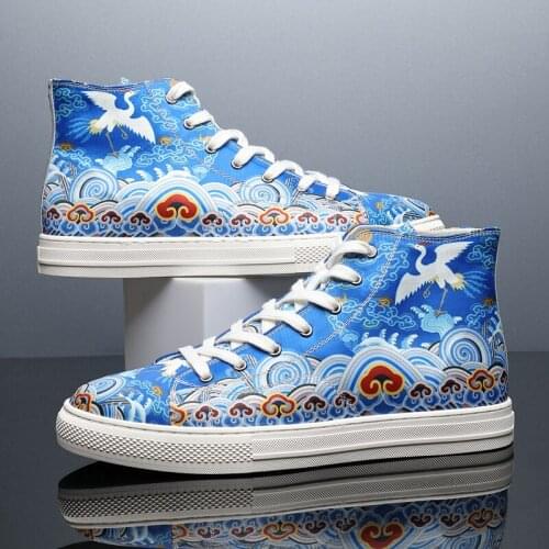 Mens High Top 5D Crane Printed Sport Casual Sneakers Shoes Satin Lace Up Skateboard Boys Hip Hop Casual