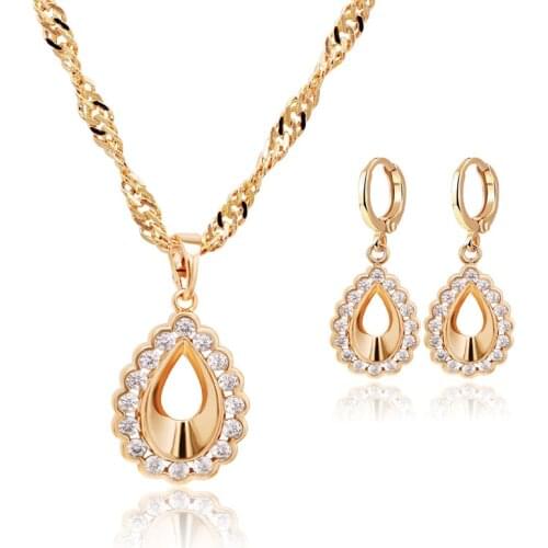 MxGxFam Drop Water Zircon Pendant Necklace and Earring Jewelry set For Women Gold Color 18 k High Quality CZ AAA