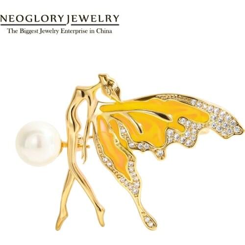 Neoglory Angle Butterfly Enamel Pearl Brooch Golden Red Pins Chic Fashion Jewelry Bijoux Party Womens Accessories Hot New Gift
