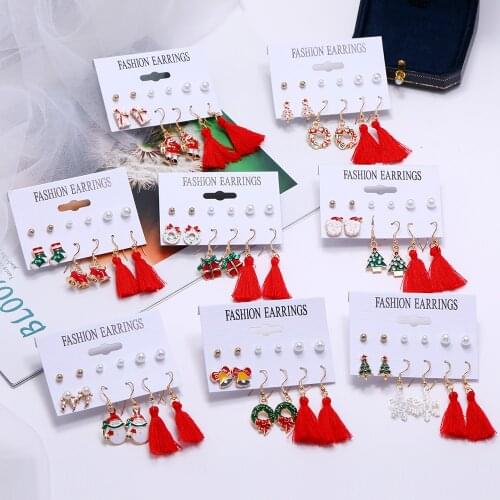 Multiple styles Christmas series Earrings Imitation pearl Ear Studs Red tassel Hook type Earrings snowman Santa Claus tree Socks