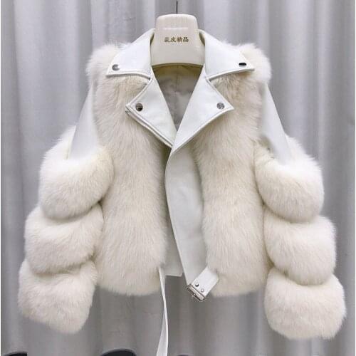 Novel Winter New Faux Fox Fur Coat Womens Motorcycle Thicken Faux Leather Fur Coat Female Fur Lining Leather Jacket