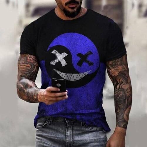 2021 Summer New Loose Vintage T-shirt Mens Round Neck Color Stitching Hip-Hop Geometric Smiley Print T-shirt For Mens Clothes