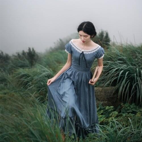 2021 New Summer Womens Dress Summer Retro Elegant Slim Fit Palace Style Romantic Blue Long Dress Retro Lace Sexy Dress