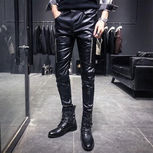 New Arrival Motorcycle Biker Skinny Pant Men Gothic Punk Fashion PU Leather Pants Hip Hop Zippers Black Leather Trousers Male