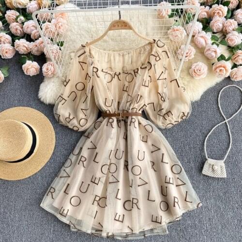 New French Type Square Collar Party Dress Mujer Lantern Sleeve Embroidery Letter Gauze Elegant Ball Gawn Above Knee Dress Women