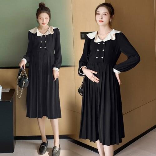 Pregnancy Clothes Pleated Dress Nursing Dresses Breastfeeding Korean Long Sleeve Buttons Spring Autumn Maternity Gown