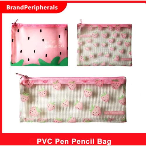 Mini Cute PVC Pen Pencil Bag Cartoon Pink Simple File Folder Cosmetic Mesh Pouch Organizer with Zipper for School Students Kids