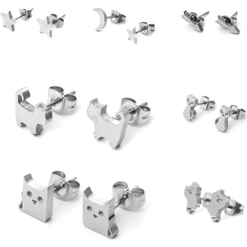 DoreenBeads 304 Stainless Steel Ear Post Stud Earrings Silver Color Pentagram Star Animal Earrings For Men Women Jewelry, 1 Pair