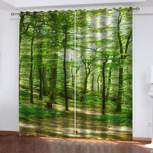 Forest Tree Sunshine 3D Printing Pattern Printing Bedroom Living Room Sunshade Custom Curtain Suit Bedroom with Hook Accessories