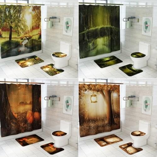 Tropical Rainforest Landscape Shower Curtains Bathroom Set Forest View Anti-slip Mat Toilet Seat Cover Carpet Bath Curtain