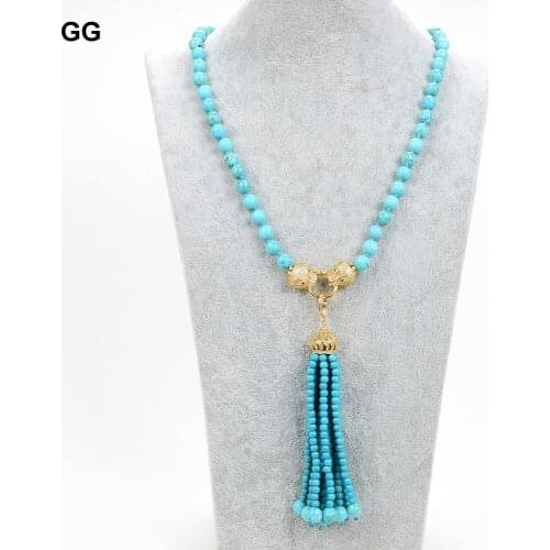 JK 25" Blue Turquoises Howlite CZ Paved Clasp Pendant Necklace For Women