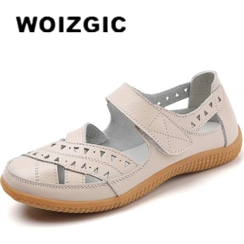 DONGNANFENG Female Women Mother Genuine Leather Hollow White Shoes Sandals Flats Loafers Summer Cool Beach Plus Size 41 42