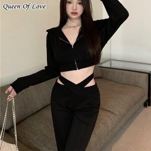 2 Piece Women Zipper Hoodie Crop Top And Cut Out Cross Waist Pant Matching Set 2021 Autumn Korean Style Pants Suit Outfits