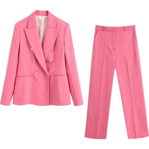 Womens two-piece suit autumn new style metal double-breasted slim suit jacket + high waist temperament casual pants