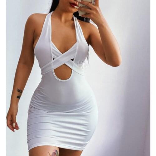 Sexy Halter Hollow Out Bag Hip Dresses Women Summer Stretch Tight-fitting Mini Dress Female Nightclub Party Lace Up Lady Clothes