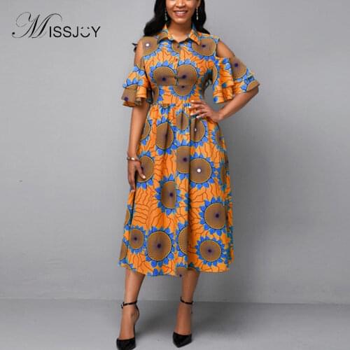 MISSJOY Womens casual temperament Lapel Ruffle sleeve waist print off shoulder cut A-line dress long skirt