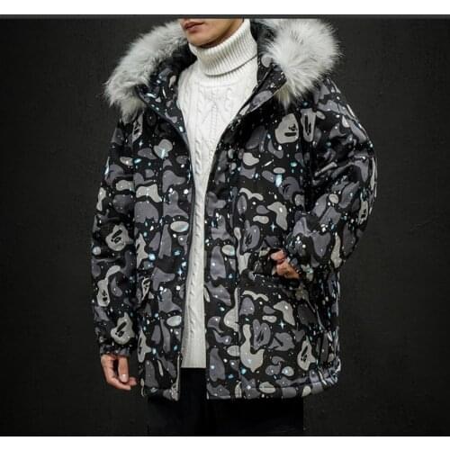 Winter Black Wall Japanese Mid-Length Camouflage Big Fur Collar Hooded Wild Cotton-Padded Jacket Youth Thickening