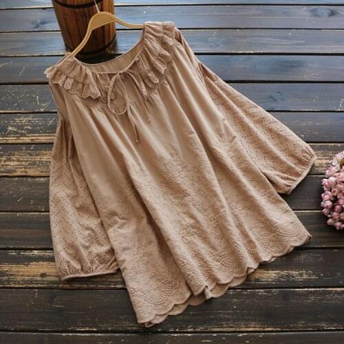 5847 Spring Women Top Literary Vintage Ruffled Collar Drawstring Embroidery Cotton Pullover Long Sleeve Loose Shirt Blouse Women