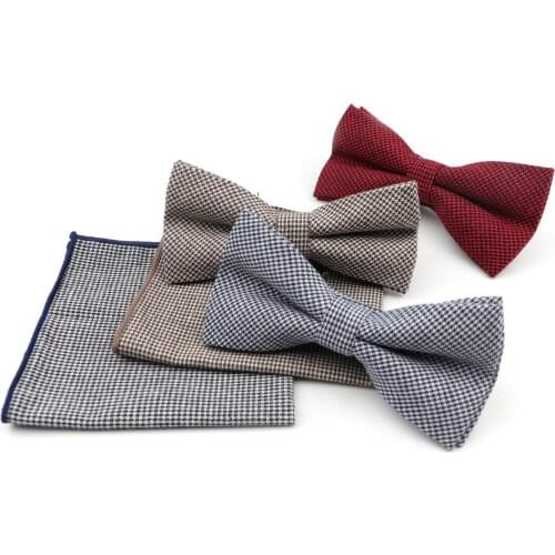 Brand New Mens Fashion Bowtie Pocket Square Set Casual Thick Artificial Cotton Plaid Striped Bow Tie Handkerchief Pocket Square