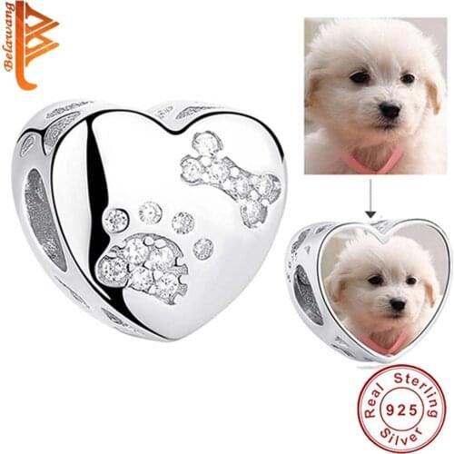 BELAWANG Wholesale Customize Photo Heart Beads 925 Sterling Silver Pet Dog Footprint CZ Charm Bead Fit Bracelet DIY Jewelry