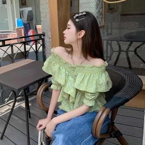 Womens Blouses Ruffled Short Chiffon Shirt, Womens Summer New Design, One-shoulder Gentle Floral Blouse