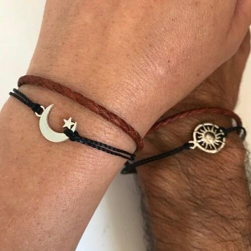 Couples Bracelets Sun &moon Friendship Love Cuff Silver Color Charm Bracelet Leather Gift Adjustable Current Trendy Innovative