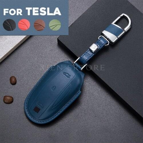 Genuine Leather Remote Start Car Key Case Cover Protector Holder Auto Accessories Keychain Shell Fob Fit For Tesla Model 3 S X