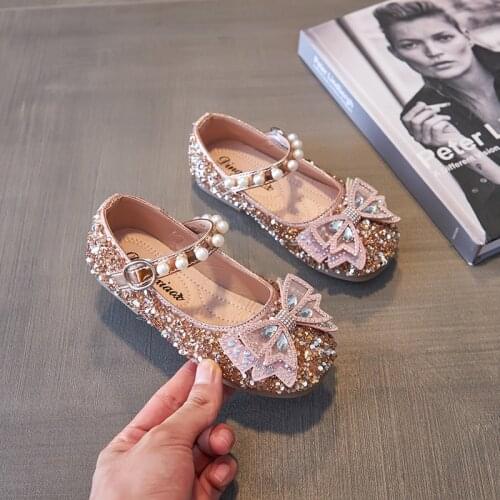 Girls' Leather Shoes 2021 New Soft-soled Baby Single Shoes Childrens Rhinestone Princess Shoes Crystal Shoes Sequined Fashion