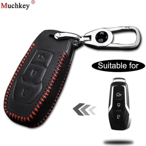 Leather Remote Case Car Key Bag Cover For FORD 3 Buttons Smart Key Luxury Genuine Hand Sew Red Line 1PC Type E