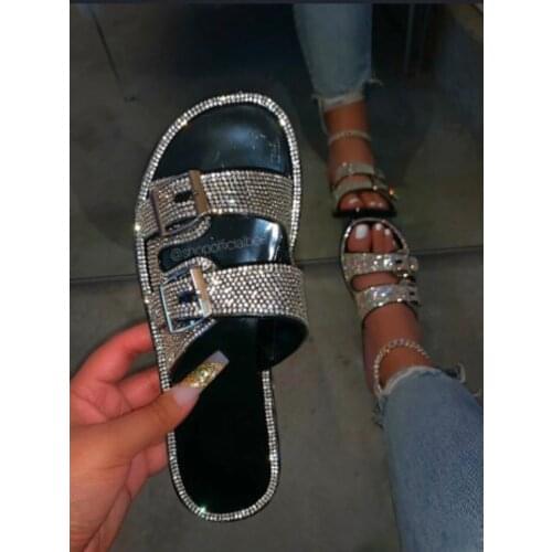 Summer Luxury Women Slippers Rhinestone Flat Double Buckle Decoration Open Toe Lightcolor Fashion Sexy Ladies Shoes Female 2021