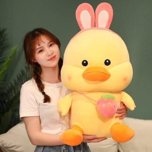 Cute Plush Toy Soft Yellow Strawberry Duck Stuffed Doll Gift For Boys Girls Adults Indoor Decor